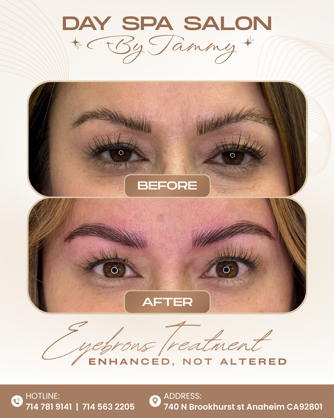 Before and after brow color correction - from faded to natural brown